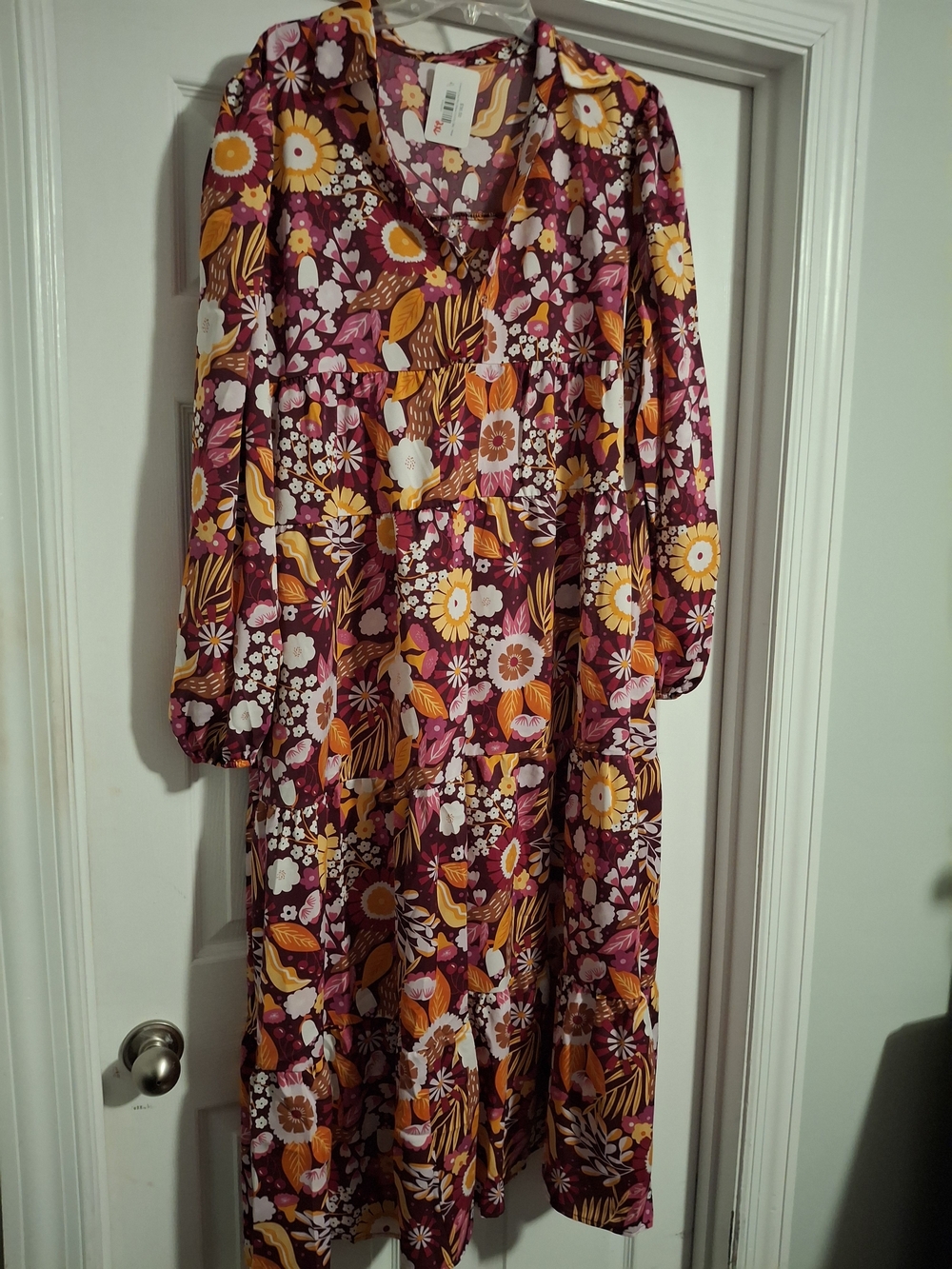POCKETS!!! Burgundy Floral Tiered Long Sleeve Dress with Pink & Gold Accents